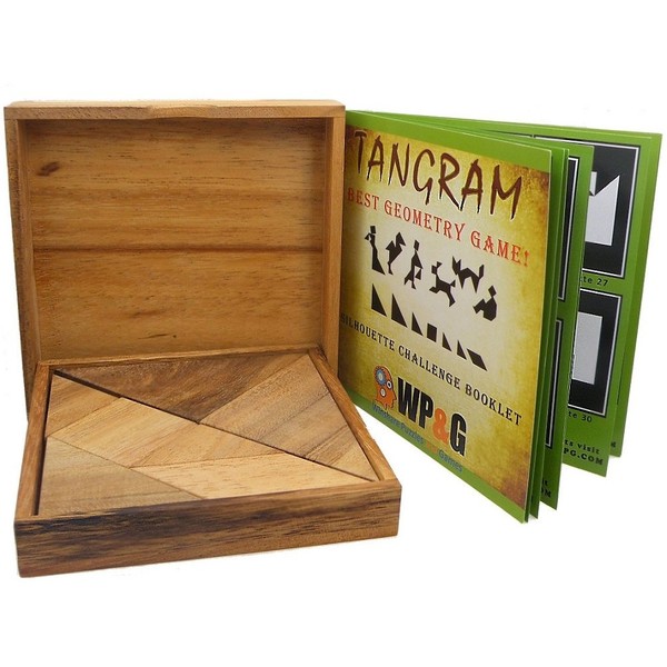 Tangram Wooden Puzzle Geometry Game, with 48 Silhouette Tangrams Challenge Booklet