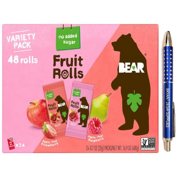 Bear Real Fruit Snack Rolls, Strawberry & Raspberry Variety Pack, 48 Roll (24pk, 2 rolls per Pack), Packaged with Bryant Desai Supplies Pen