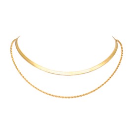Rockyu Allure Women's Gold Necklace, 2 Row Choker, Stainless Steel, Simple, Stylish, Hypoallergenic