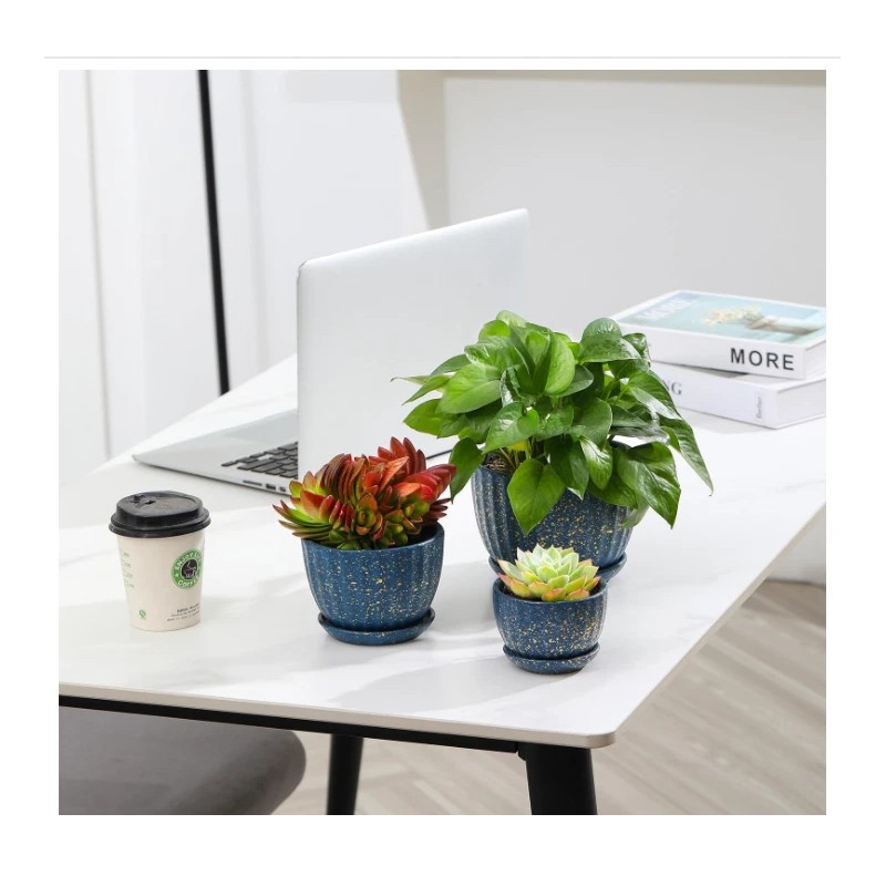 STHIE Ceramic Plant Pots with Drainage, Blue Round Planters, 3.3/4.3/5.5