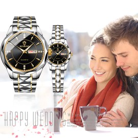 JewelryWe Couple Watches Gift Set: Romantic Pair His and Hers Wrist Watches Silver Black Analog Quartz Dress Waterproof Luminous Calendar Casual Men Women Lovers Wedding Wristwatch
