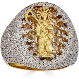 Solid 925 Silver & 14k Gold Baguette Ring - Grim Reaper Santa Muerte Ring - Iced Hip Hop Ring - Saint Of The Dead Ring (8)