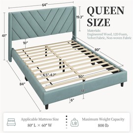 Yaheetech Queen Bed Frame Upholstered Platform Bed with Wing Side/Wooden Slat Support/Tufted Headboard with Wing Side/Mattress Foundation/No Box Spring Needed,Blue Lake Queen Bed