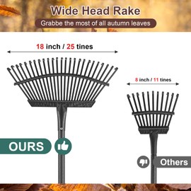 CALCHELE Metal Garden Rake, 5FT Rake for Leaves Lawns, 25 Metal Tines 18 inch Wide with Adjustable Handle Heavy Duty Yard Leaf Rakes for Gardening