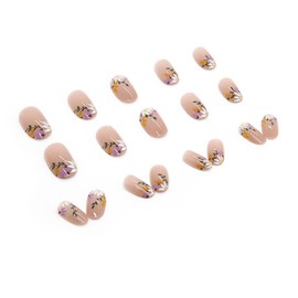 Almond Press on Nails Medium False Nails with Flowers Design Medium Length Glue on Nails Full Cover Stick on Nails Cute Acrylic Nails for Women 24 Pcs