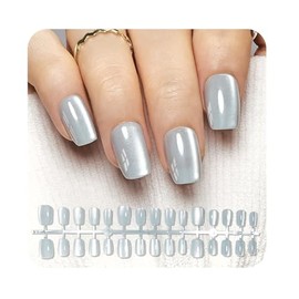 JODSONE 30PCS Light Blue Cat Eye Reusable Fake Nails Set Glossy Acrylic Short Square Press on Nails Magnetic Soft Gel Stick on Nails for Women