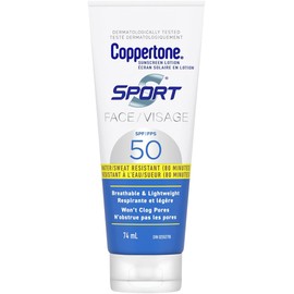 Coppertone Sport Face Sunscreen Lotion SPF 50, Lightweight and Breathable, Water Resistant Sunscreen Broad Spectrum SPF 50 UVA/UVB Protection, Oxybenzone Free, 74mL