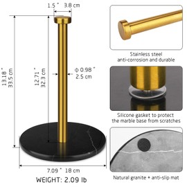 HESHIBI Paper Towel Holder Countertop with 7" Weighted Black Marble Base - Modern Free Standing Paper Roll Holder, Brushed Gold Stainless Steel Stand Paper Towel Holder for Kitchen and Bathroom