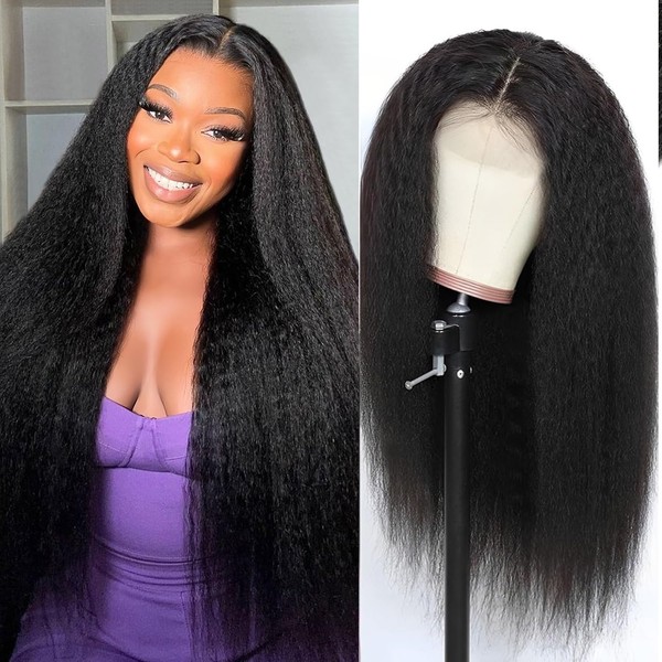 Kinky Straight Lace Front Human Hair Wig 26 Inch Yaki