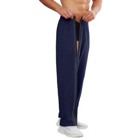 Deyeek Mens Wide Leg Zipper Sweatpants Open Bottom Warm Up Pants Cotton Break Away Catheter Pants Post Knee Surgery Pants Navy Blue