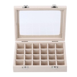 GymRichy 24 Grid Velvet Glass Jewelry Box Organizer Rings Earrings Tray Display Storage Case for Women Girls (Beige)