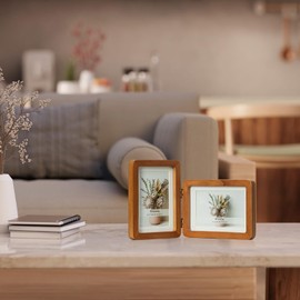 Wontree 5x7 Double Vertical Horizontal Hinged Foldable Combo Rounded Corner Picture Frame, Walnut-Colored Pine Wood with Real Glass, Display 5x7 Photos Matted to 4x6, Free-Standing Desk Tabletop