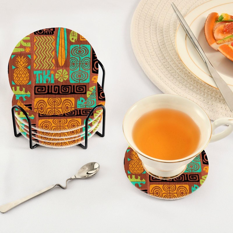 susiyo 6 Pcs Exotic Tiki Pattern Coasters with Holder Absorbent