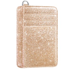 Slim Front Pocket Wallet RFID ID Card Holder Cute Small Wallet with Keychian for Women, Glitter Gold, Slim