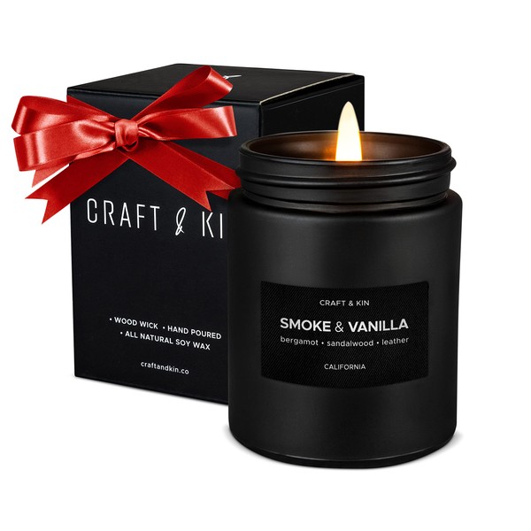 Scented Candles for Men | Wood & Vanilla Scented Candle | Fall Candles | Soy Candles for Home Scented | Christmas Candles Scented, Wood Wicked Candles | Vanilla Candle in Black Jar