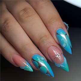 Long Press on Nails Almond Fake Nails Blue False Nails French Artificial Nails with Droplet and Pearl Designs Summer Nails Glitter Stick on Nails for Women 24pcs