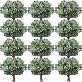 Janinka 90 Pcs Mixed Eucalyptus Leaves Stems Bulk Artificial Eucalyptus Leaves with White Seeds Artificial Silver Dollar Sprays Faux Oval for Floral Wreath Bouquets Wedding Greenery Decoration