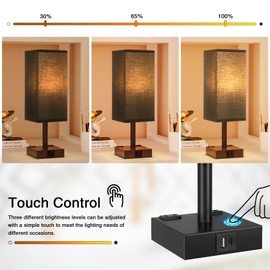 Touch Bedside Table Lamp For Nightstand - 3-Way Dimmable Night Lamp with USB A + Type C Charging Ports and two AC Outlets, Small Desk Light with E26 LED Bulb for Bedroom Living Room Dorm Office,BLACK