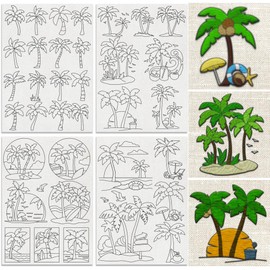 DOODLREAM 35Pcs Coconut Trees Water Soluble Hand Sewing Stabilizers, 21 x 29.7cm Seaside Beach Embroidery Pattern Stabilizer, 4 Sheets Summer Stick and Stitch Embroidery Paper Sticker