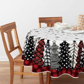 Horaldaily Christmas Tablecloth 70×70 Inch Round, Christmas Trees Buffalo Plaid Red Washable Table Cover for Party Picnic Dinner Decor