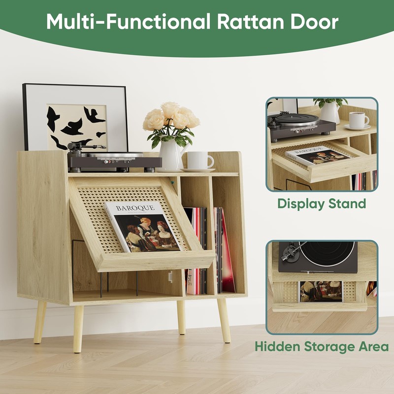 Kiasthome Record Player Stand, Vinyl Record Storage Cabinet Up to