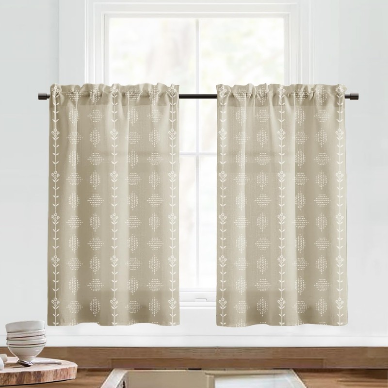 Boho Farmhouse - Cortinas de lino beige de pequeño nivel