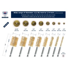 16-PC Bore Brush Set [8-Size X 2 Sets] Stainless-Steel and Brass Wire Brushes for Power Drill, Metal Brush, Cleaning Tool, 1(1/8), 1.0, 7/8, 3/4, 5/8, 1/2, 3/8, 1/4-inch Diameter, w/ 1/4-in Hex Shank