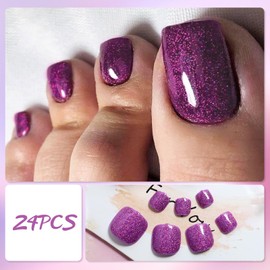24Pcs Purple Glitter Press on Toenails, Glossy French Tip False Toe Nails, Short Square Artificial Summer Fake Toe Nails, Solid Color Acrylic Glue on Toenails for Women Girls Pedicure Decorations