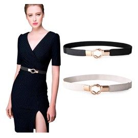 JASGOOD Women's Skinny Elastic Waist Belt, Stretch Retro Waistband for Dress 2 Pack, Black/White, Fits waist 33"-44"