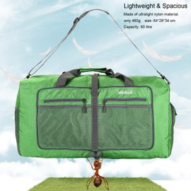 Bekahizar 60L Lightweight Foldable Travel Bag Large Weekender Overnight Bags Packable Travel Luggage Sports Bag Travel Duffel Hand Luggage with Shoe Compartment for Sports Travel Gym Holiday (Green)