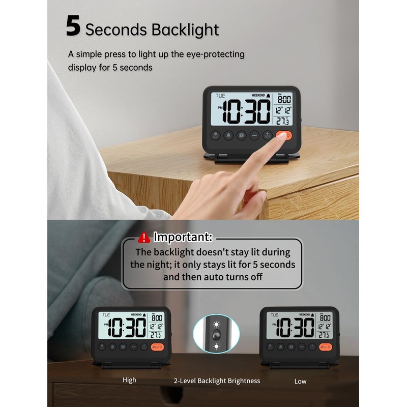 MeesMeek Digital Travel Alarm Clock, Black, 3.54 inch LCD Display,