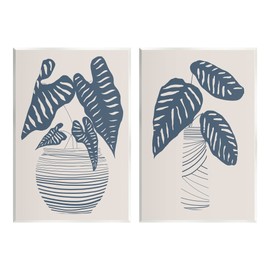 Stupell Industries Neat Potted Plant Leaves Minimal Striped Vases 2pc set Wood Wall Art, Design by Daniela Santiago