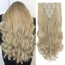 SEGOHAIR Hair Extensions Clip in 8Pcs 18 Clips Synthetic Fiber Seamless 17" Long Curl Full Head -Ash Blonde mix Bleach Blonde
