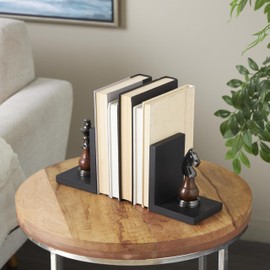 Deco 79 Aluminum Metal Chess Decorative Bookends Non Skid Bookends with Aluminum Accents, Set of 2 Office Bookends4'W, 6'H, Black