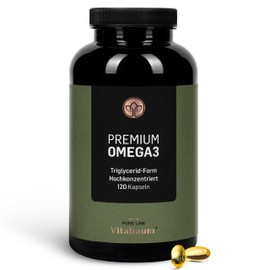 Vitabaum® Premium Omega 3 Kapseln Hochdosiert - Hochkonzentriert mit 40/30 EPA/DHA in Triglyceridform - Optimale Bioverfügbarkeit - 120 Kapseln - 4 Monate Vorrat - Glutenfrei, Laktosefrei