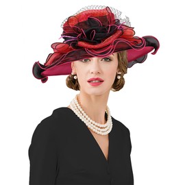 Kentucky Organza Derby Top Hats for Women Sun Visor Cap Veil Flowers Bride Weeding Fascinators Wide Brim Fedoras Orange-red