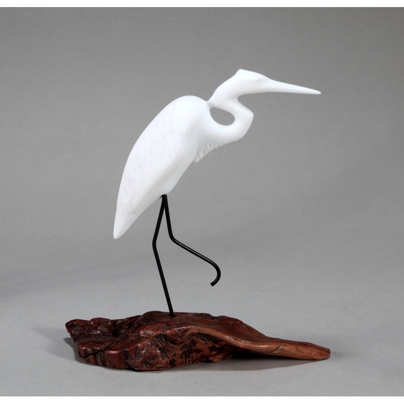 Egret Sculpture from John Perry on Burl Wood Pellucida 8in