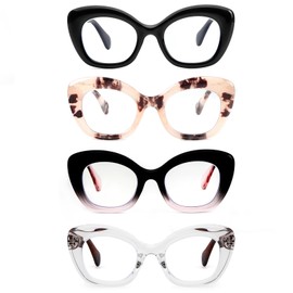 MMOWW Oversized Cat Eye Reading Glasses for Women 4 Pack Stylish Blue Light Blocking Computer Readers with Spring Hinges, Black/Black Pink/Pink Tortoise/Transparent Tortoise +2.5