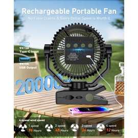 DUKUSEEK 20000mAh Clip On Fan with LED Light, 9-inch 60Hrs Portable Camping Fan with Sturdy Clamp, 360° Oscillating Personal Desk Fan for Office, Worksite, Golf - Regargeable Battery Powered USB Fans