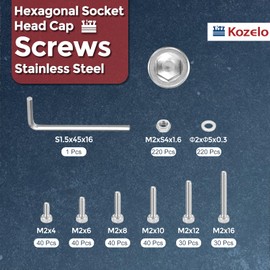Kozelo 660 Pieces M2 Allen Socket Head Screws Nuts Assortment Kit - [M2x4/6/8/10/12/16mm] 304 Stainless Steel Allen Socket Drive for 3D Printer with Allen Key