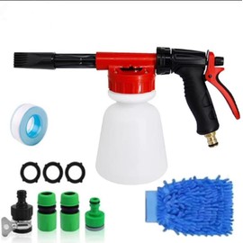 Car wash Foam Gun, with a Quick-Connect Adapter for 1/2, 3/4, 3/8 Sizes, Brass connectors and a 1-Liter Bottle, Nozzle, washcloth, Snow Foam Gun Box - Home Garden Watering Green car wash Set.