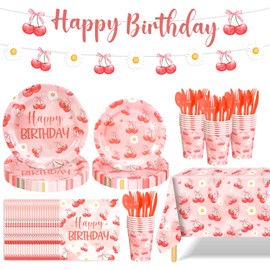 170 PCS Cherry Birthday Party Supplies Serves with 24 Includes Plates and Napkins,Banners,Cups, Balloons and Tablecloth,Birthday Decorations(Cherry)