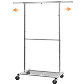 Simple Trending Standard Clothing Garment Rack, Rolling Clothes Organizer with Wheels and Bottom Shelves, Extendable, Chrome