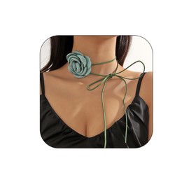 Bethynas Flower Choker Necklace for Women Gothic Floral Lace-up Necklace Rose Collar Long Tie Velvet Necklace for Bridal Wedding Summer Party (Style 2 - Green)
