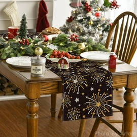 Artoid Mode Black and Golden Fireworks Stars 2025 New Year Table Runner, Festival Kitchen Dining Table Decoration for Home Party Decor 13x72 Inch