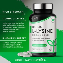 Nutravita L-Lysine 1100mg High Strength - 240 Vegan & Gluten Free Tablets (8 Month Supply) - Cold Sore Treatment, Essential Amino Acid Supplement - Normal Growth and Muscle Turnover - Made in The UK - Nutravita