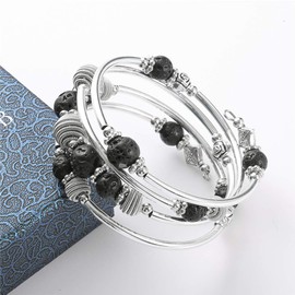 Silver Wrap Bracelet with Natural Stone Beads Boho Multilayer Women's Bracelets Birthday Fashion Gift for Women, Silver Copper Metal,