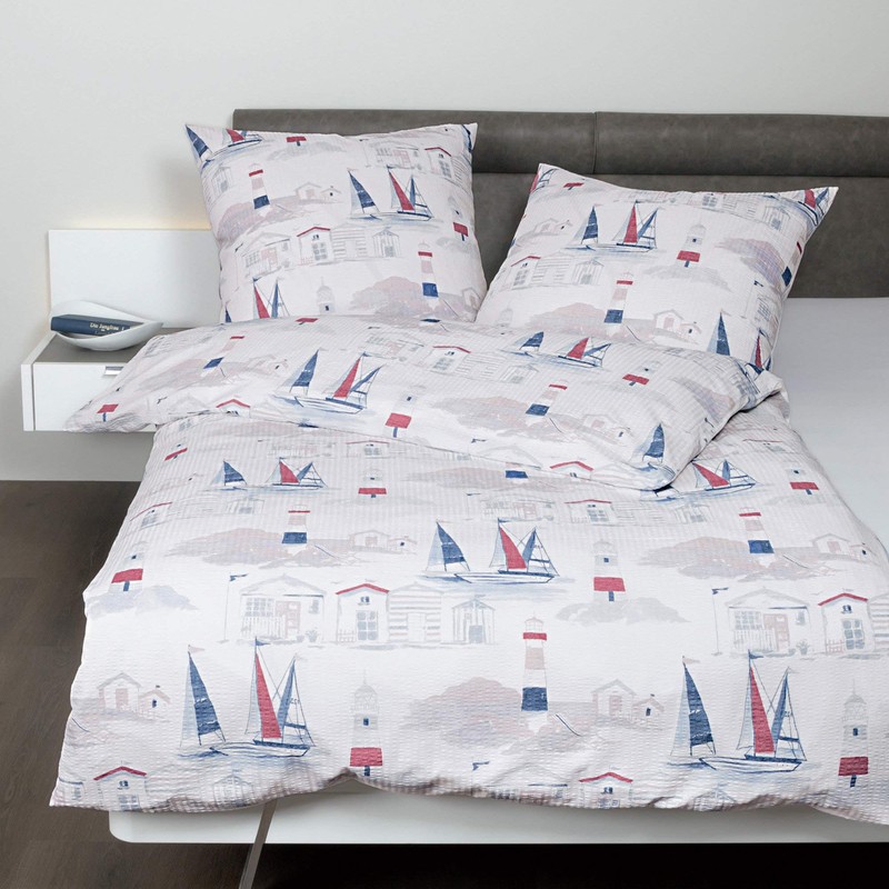 Janine Bed Linen Soft Seersucker Red/Blue Size 135 x 200
