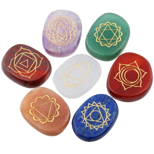 SUNYIK 7 Color Oval Gemstone with Engraved Chakra Symbols Without Sanskrit Palm Stone Worry Stones Set of 7