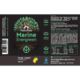 NatuRise® Omega 3 Vegan - Algenöl - 1884mg DHA, EPA & DPA - Hochdosiert - 100 ml - Laborgeprüft – Triglycerid-Form - Pipette mit Dosierskala - UV-Glas (Zitrone)